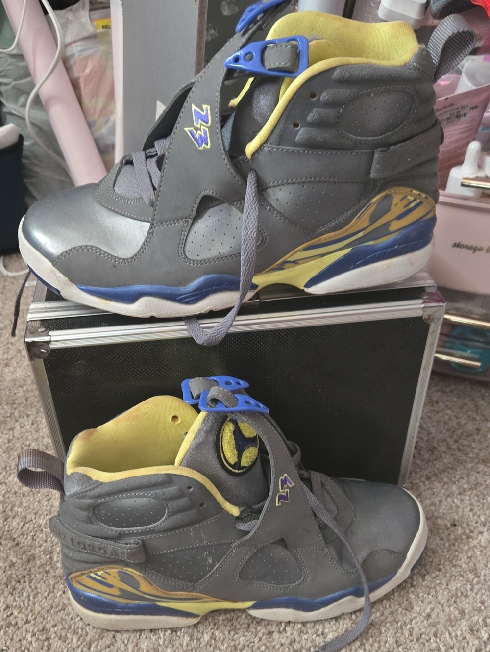 Youth Gray and Yellow High-Top Sneakers with Blue Accents